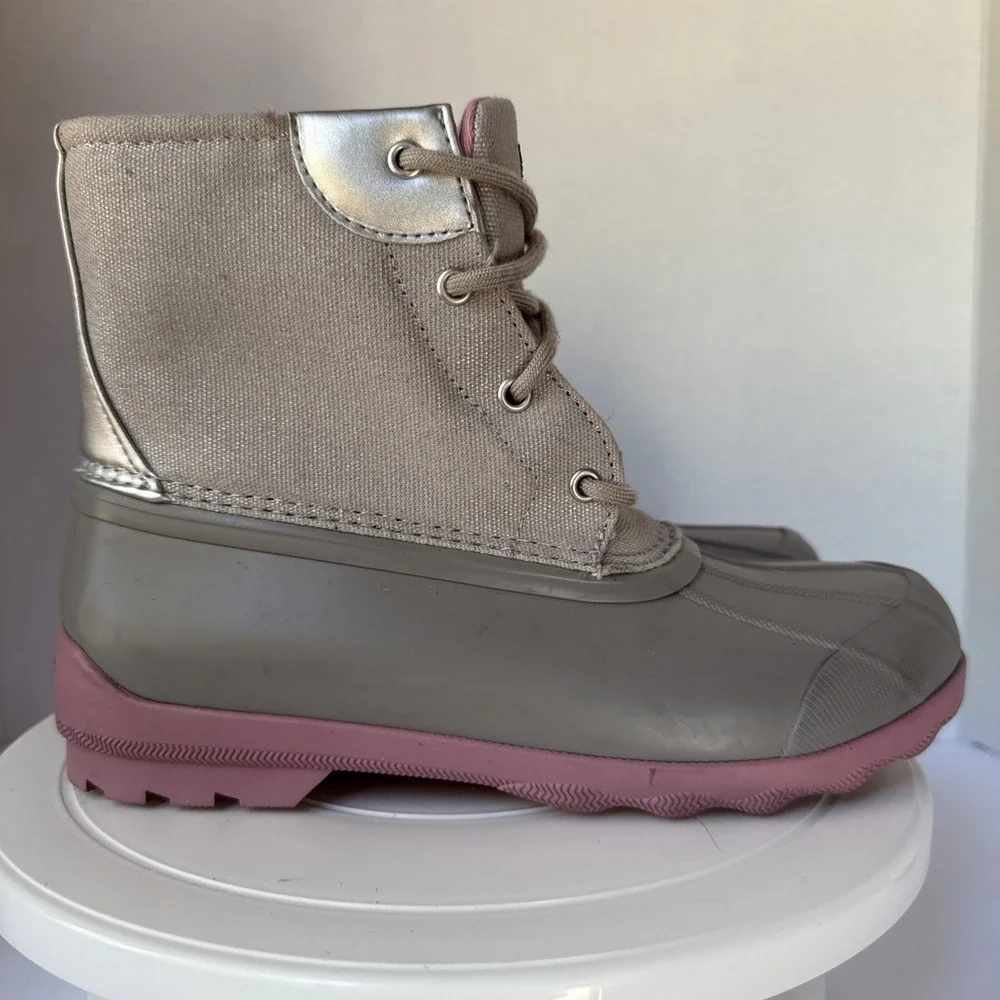 SPERRY Kids Port Duck Boots Girls 5M Grey Pink Water Resistant Weather Rain Snow